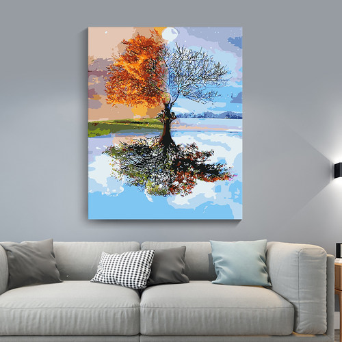 diy数字油画 客厅卧室风景成人手工手绘填色填充魅力深秋油彩画树
