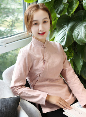 唐装女中a国风茶服女春秋加里衬长袖旗袍上衣短款复古盘扣中式女