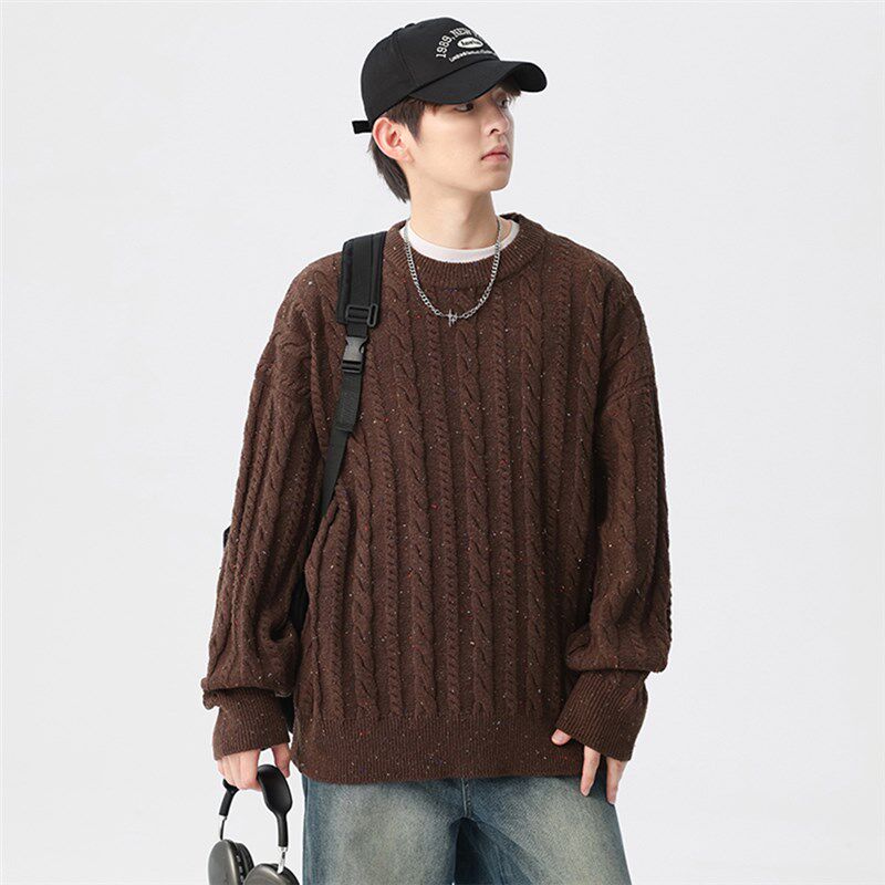 吾一白2024秋冬季新款s男生美式麻花纹针织衫毛衣男士宽松圆领上