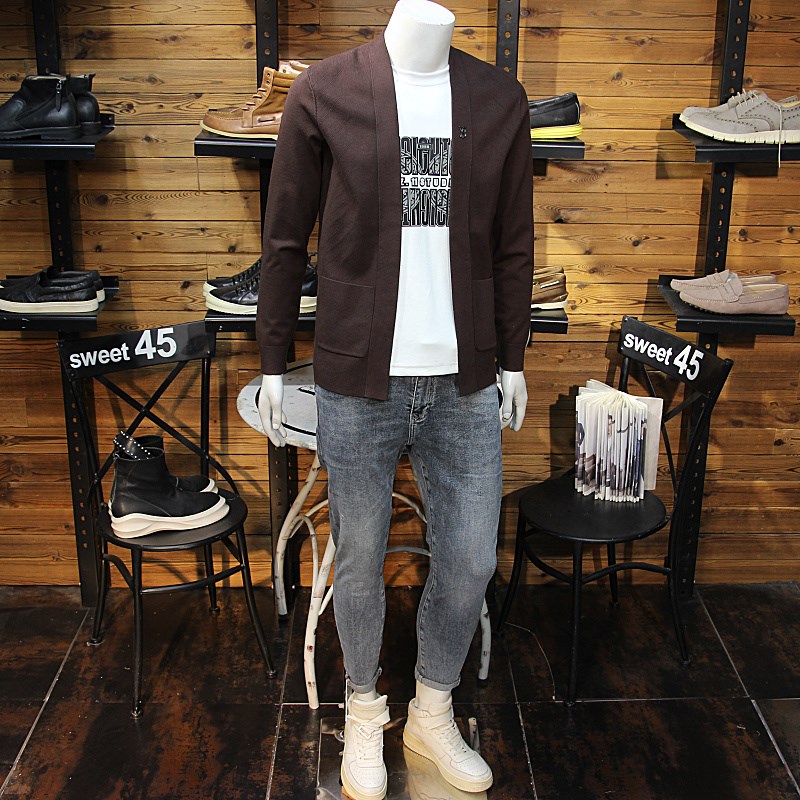 简欧时尚男针织开衫羊毛r混纺春秋修身休闲青年毛衣外搭毛织外套