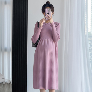 孕妇装秋冬装长袖翻领针织连衣裙时尚百搭L简约裙子秋冬韩版孕妇