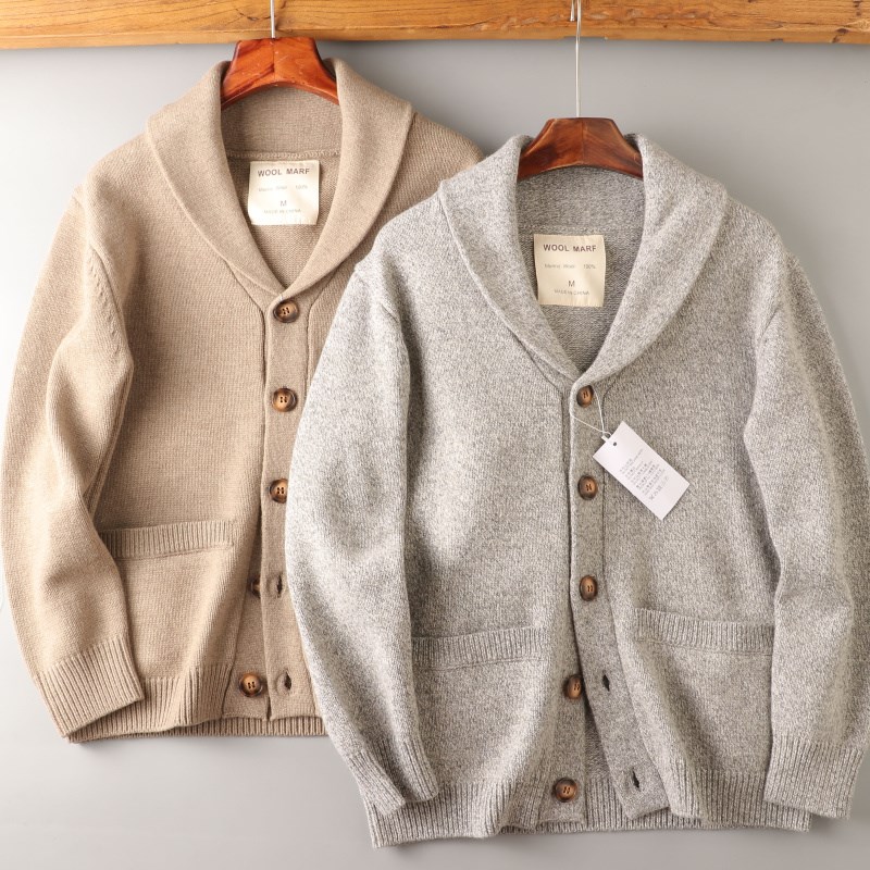 高端品质美利奴羊毛!全棉秋冬男全E羊毛加厚保暖复古翻领开衫毛衣