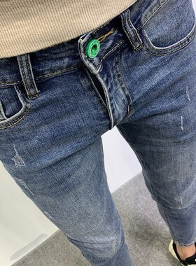 2023年夏季蓝色牛仔裤男v潮牌高端男士韩版修身T小脚潮流休闲九分