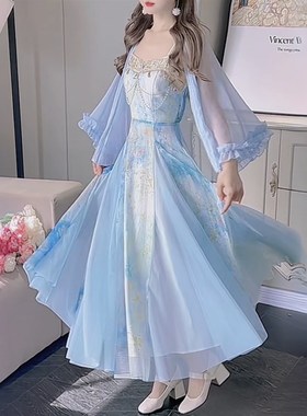 公主家911【月光女神】蓝色晕染印花长裙连衣裙+开衫两件套套装