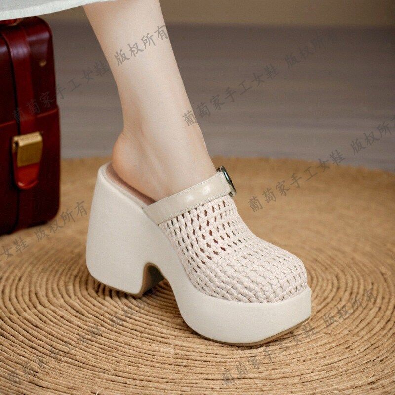 10.5cm春夏季新款编织高跟坡跟厚底凉鞋真皮包头镂空女拖鞋不累脚