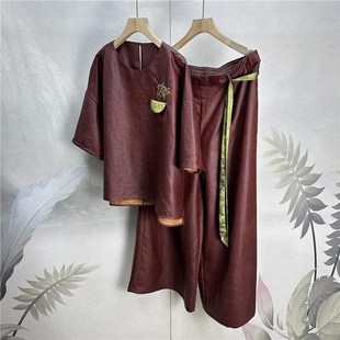 诗家~高货!正宗香云纱时尚皮料上衣+阔腿裤真丝两件套红云纱套装