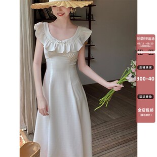 Haze禾枝《花涧2.0》荷叶边方领无袖连衣裙气质收腰显瘦