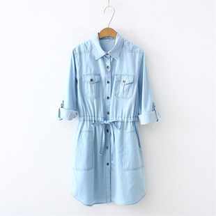 新品 纯棉韩版 牛仔连衣裙长裙系带松紧腰中长款 领 衬衫 2020春季
