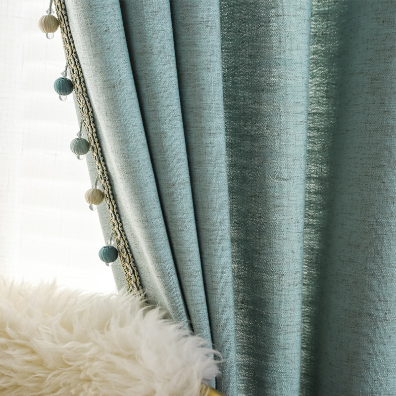 欧式现代简约轻奢高端亚麻半遮光蓝色窗帘客厅落地窗飘窗纯色定制