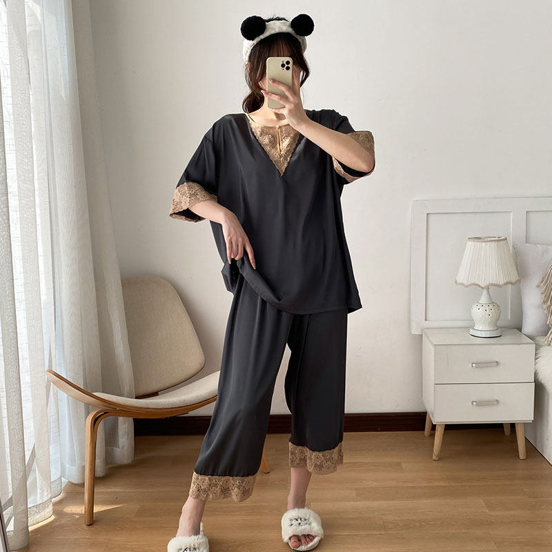 大码女款睡衣加肥加大200斤胖mm冰丝短袖夏季宽松薄款家居服套装