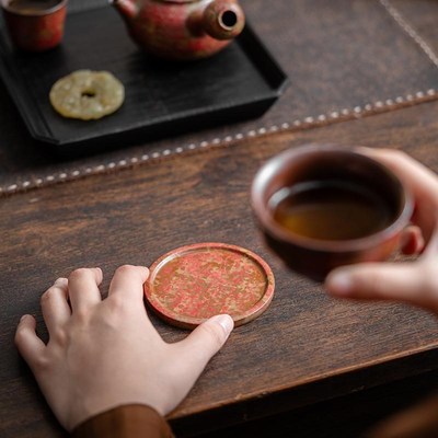 老岩泥满山红赭石釉杯垫 陶瓷复古茶托杯托盘小杯垫隔热垫复古红