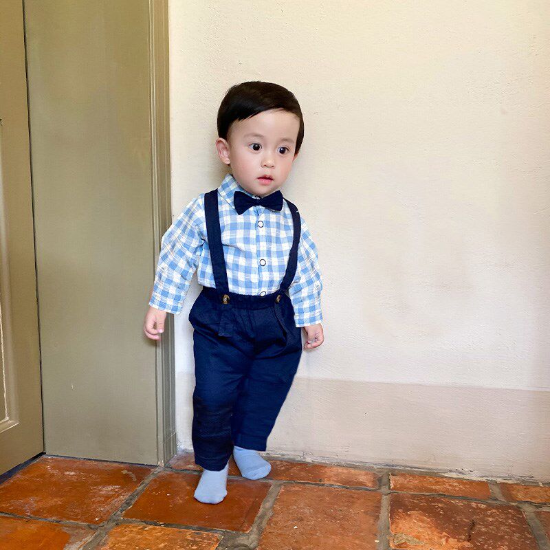 婴幼儿套装秋季男童礼服宝宝翻领英伦风绅士格子衣服外出服二件套