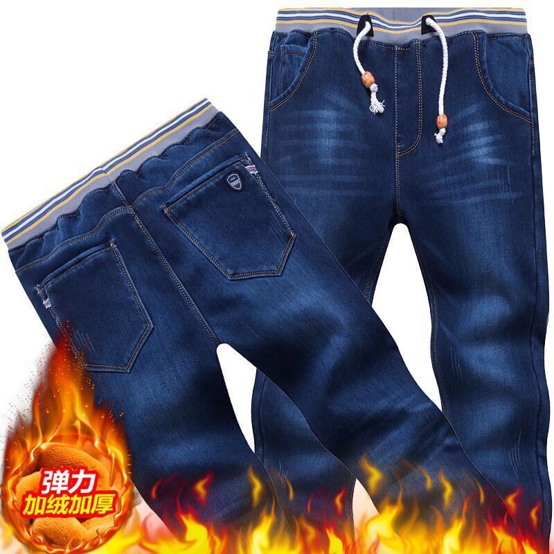 冬季保暖加绒加厚牛仔裤松紧腰男高腰弹力宽松小直脚显瘦修身学生