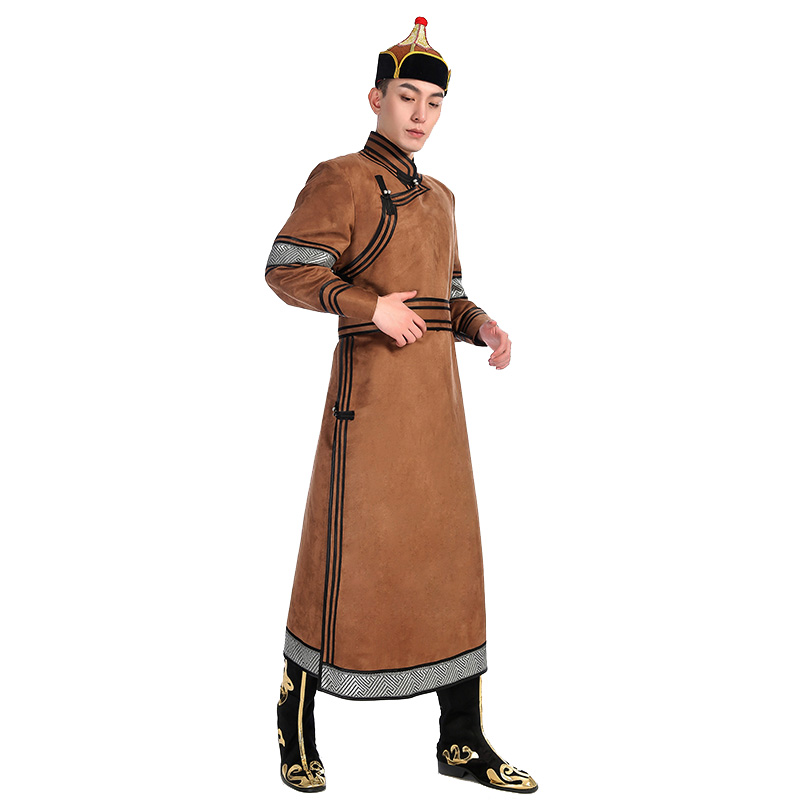 男士蒙古族长袍仿鹿皮绒男袍蒙古袍少数民族传统演出舞蹈服装长款