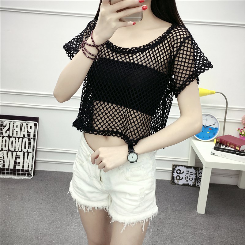 夏装镂空罩衫短款大码宽松蕾丝上衣女圆领短袖网状大网眼上衣外搭