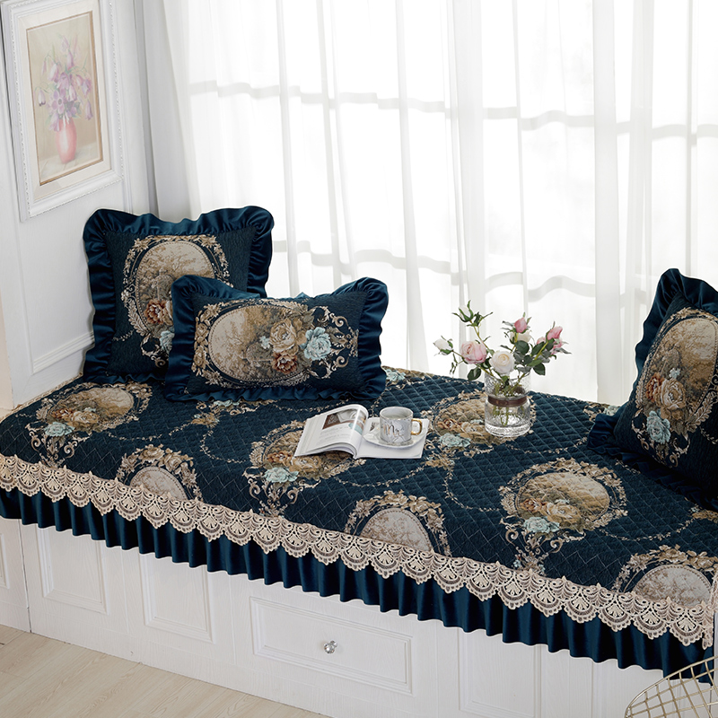 雪尼尔蓝色飘窗垫防滑窗台垫卧室喜庆阳台垫坐垫榻榻米靠枕套定做