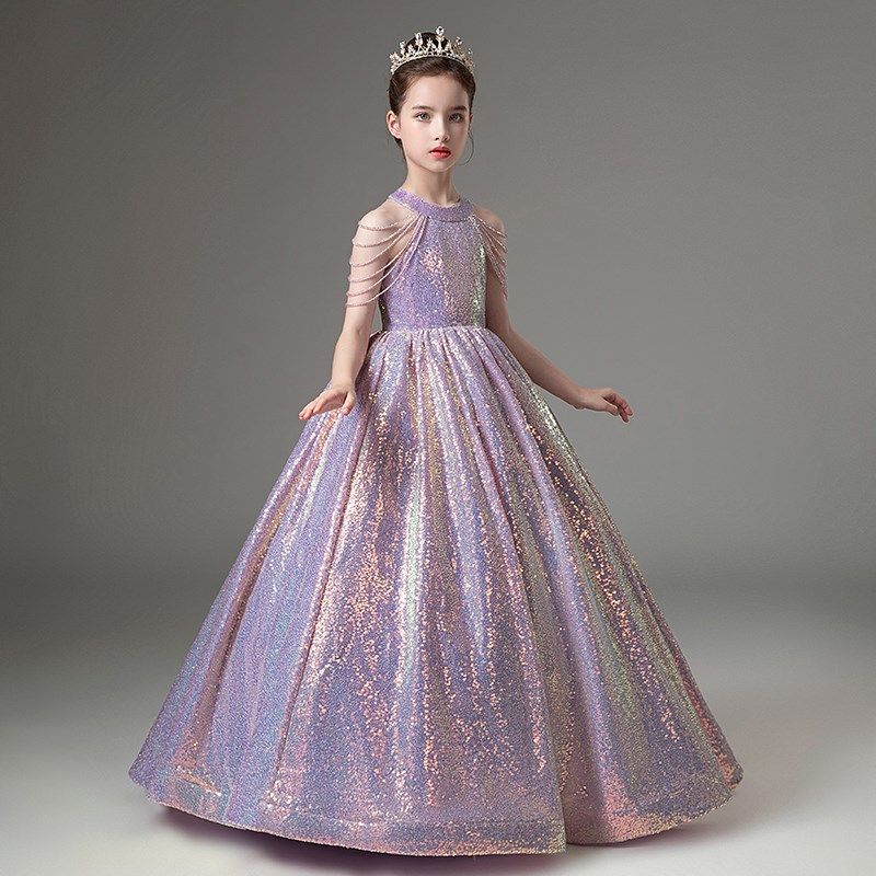 儿童礼服紫色亮片生日公主裙高端女童小主持人钢琴演出服简约大气