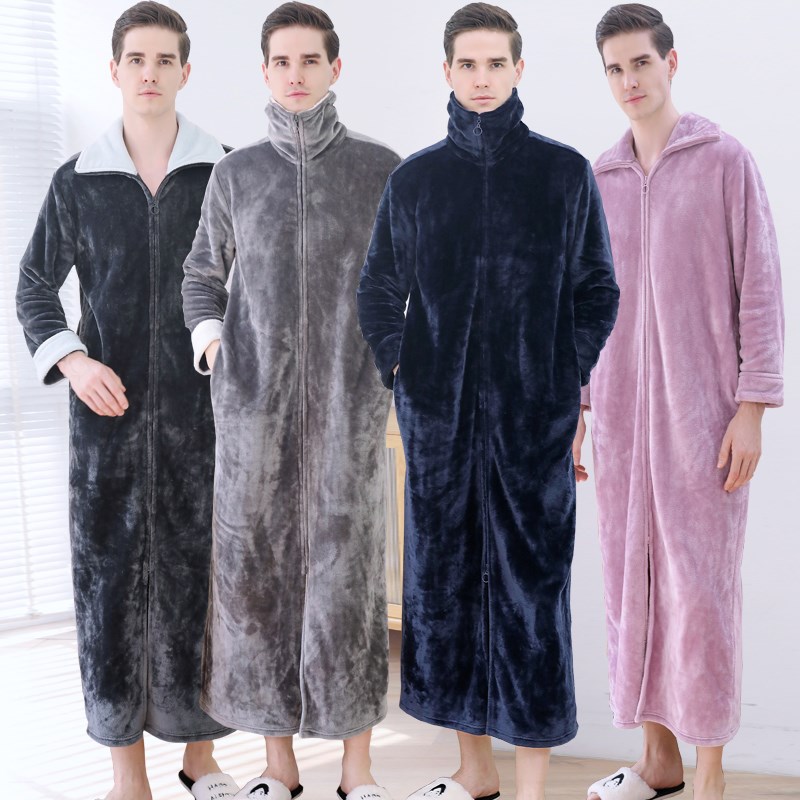 睡衣春秋2024新款法兰绒情侣拉链睡袍加厚可外穿睡裙男冬连体浴裙