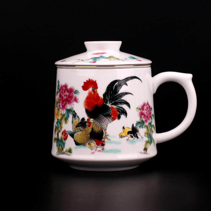 景德镇陶瓷茶杯带盖大吉图公鸡全家福陶瓷杯茶水分离礼品办公杯子
