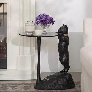 北欧设计师创意摩登暗黑风玻璃钢猫茶几中古动物样板房小边几茶桌