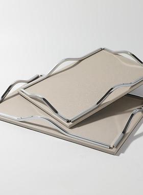 米莱软装北欧米色皮革金属托盘商用轻奢高档摆件客厅茶几收纳盘