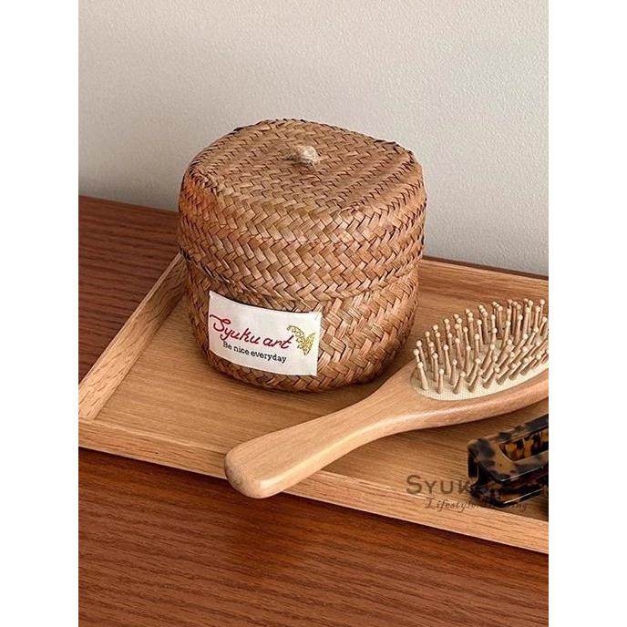 法式覆古草编收纳篮天然海草编织带盖收纳筐发圈发绳饰品收纳盒,收纳整理,收纳筐,淘宝优惠券,粉丝福利购,淘宝优惠卷