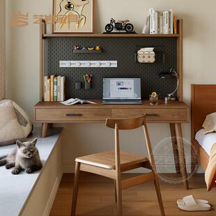 阳台靠窗飘窗书桌书架组合家用卧室电脑桌实木床边抽屉长短腿桌子