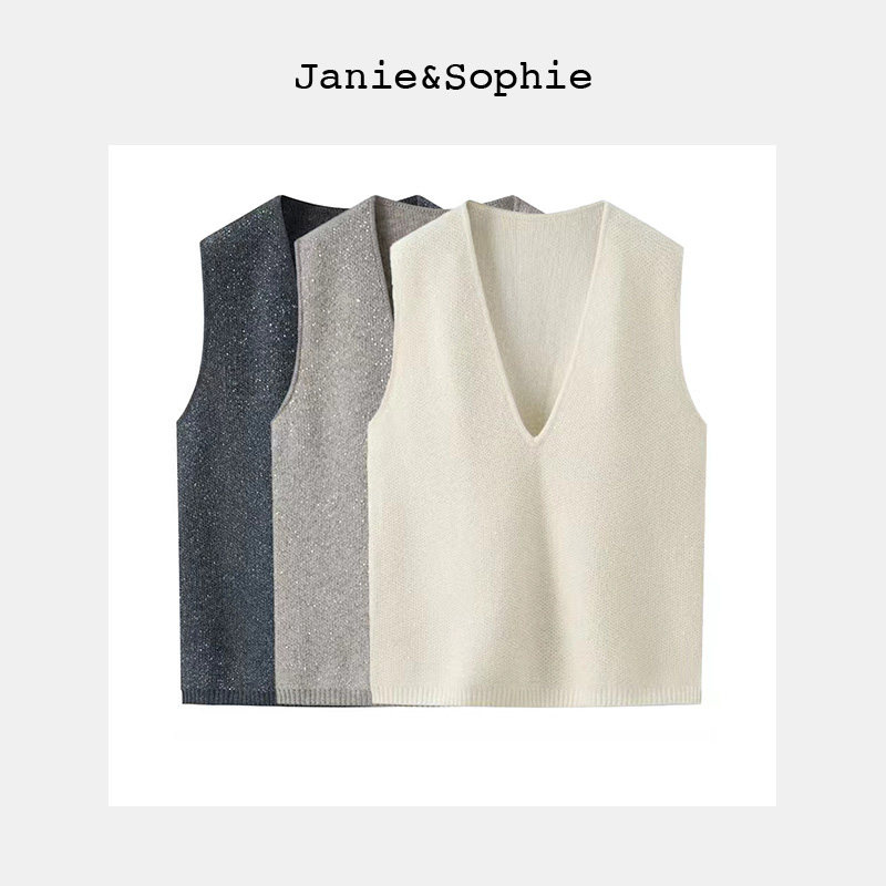 Janie&Sophie25年新款BC风V领亮片纱羊毛马甲女装小众设计感上衣