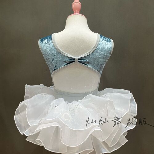 儿童夏季新款无袖连体服锦纶拼金钻绒民舞芭蕾练功服蓬蓬裙演出服