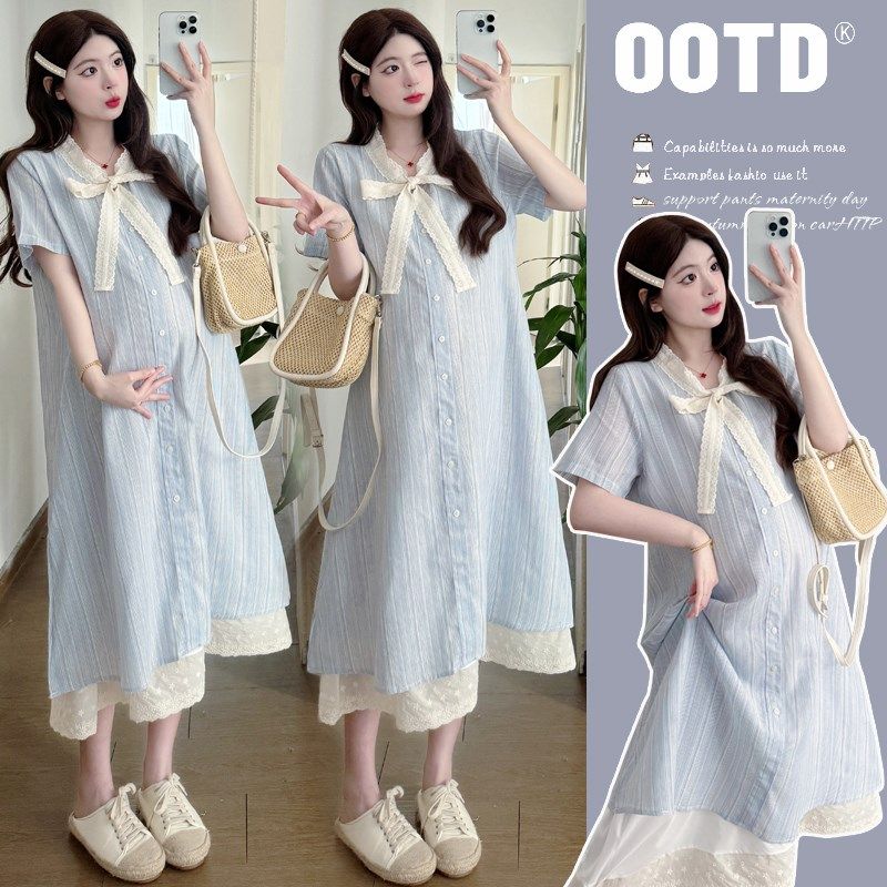 孕妇装夏装假两件短袖衬衫连衣裙时尚蕾丝花边条纹裙子夏季孕妇裙,孕妇装/孕产妇用品/营养,连衣裙,淘宝优惠券,粉丝福利购,淘宝优惠卷