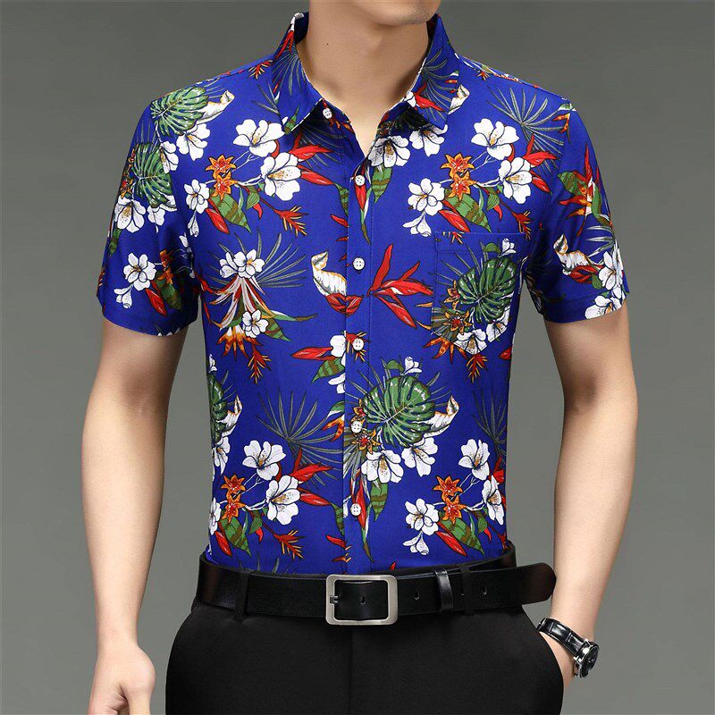 夏季翻领短袖新款花纹衬衫宽松休闲韩版印花半袖潮流个性开衫男装