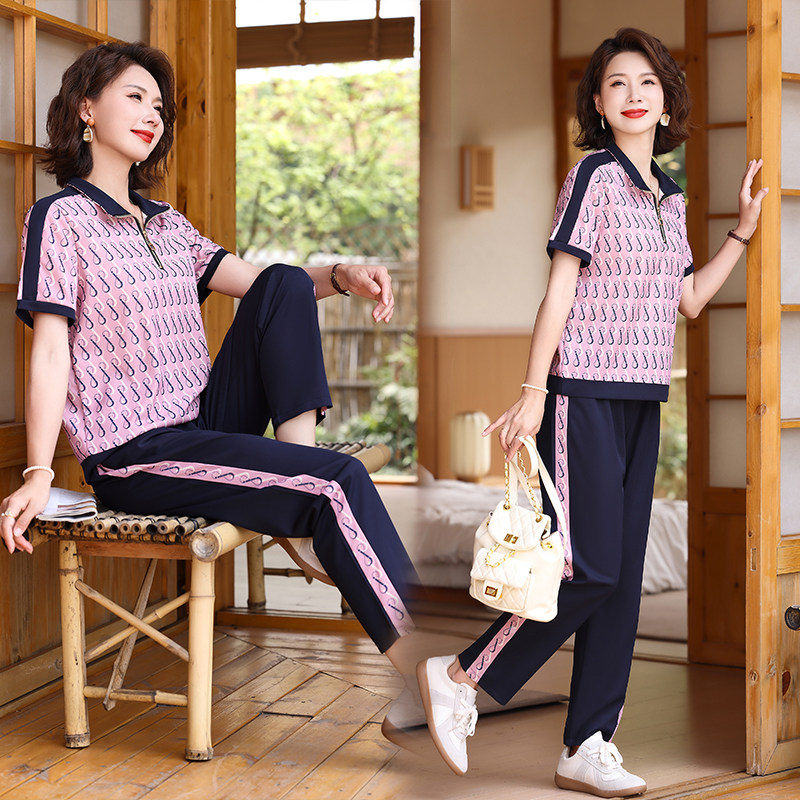 妈妈夏装洋气短袖T恤衫上衣服2024新I款中老年女春夏季运动服套装