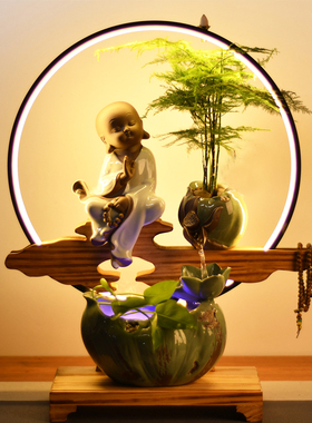 禅意客厅水风轮招财流水摆件新中式玄关装饰台灯喷泉开业乔迁礼物