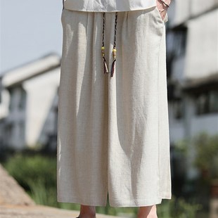 中国风棉麻套裤 夏季 中国风宽松直筒阔腿裤 男士 禅宗休闲 亚麻八分裤