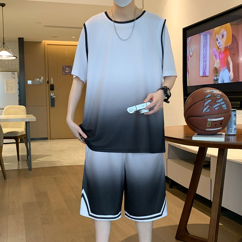 冰丝短袖t恤男高中初中生渐变篮球服套装青少年假两件速干运动衣图片