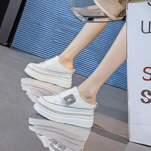 厚底内增高松糕跟包拖鞋女外穿半拖小个子夏天配裙子短裙穿的鞋子