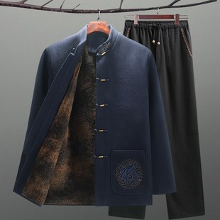 男中老年爸爸加绒加厚羊毛呢子外套老人过寿生日爷爷冬装 冬季 唐装