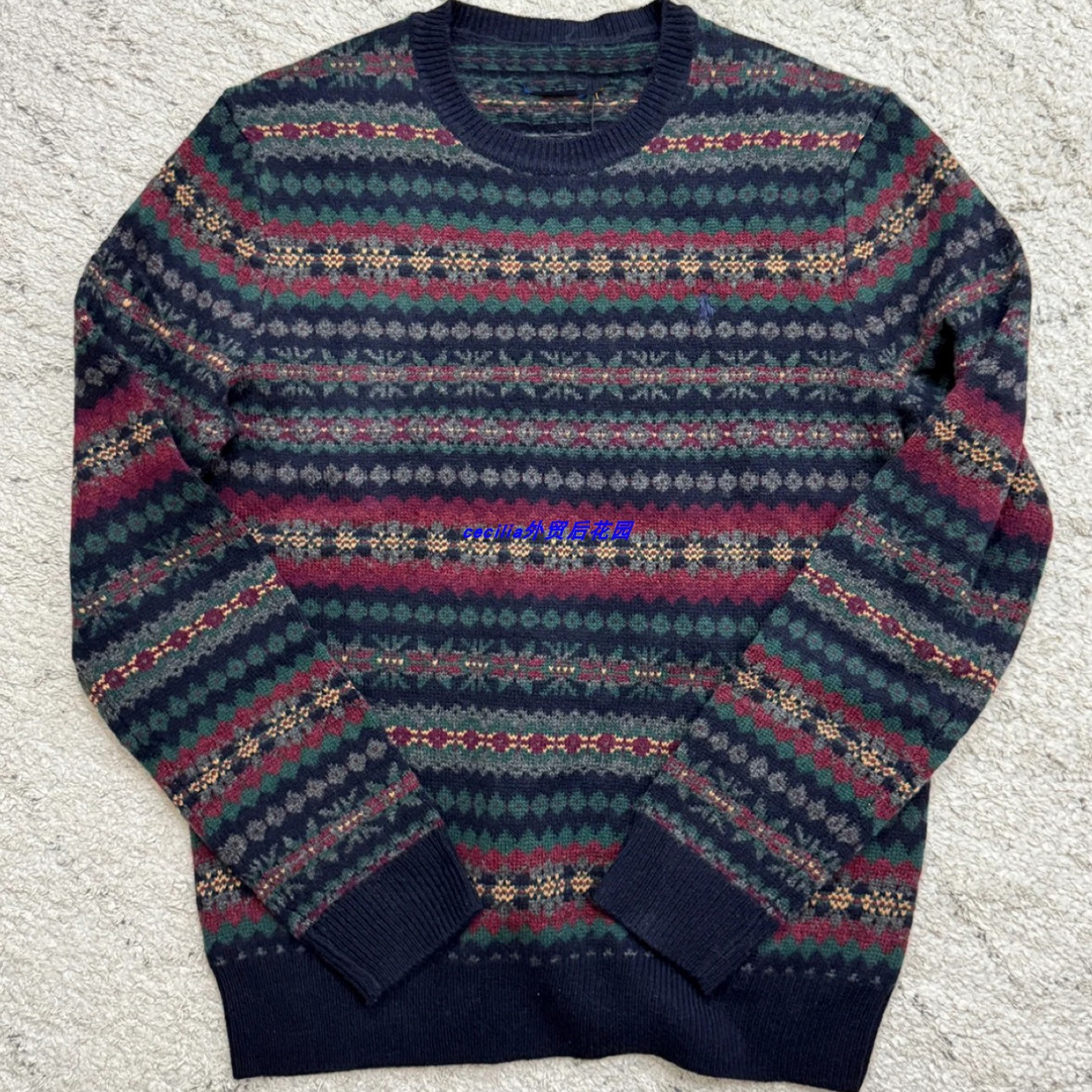 R~L辣肤元厂100%羊毛费尔岛花纹复古毛衣