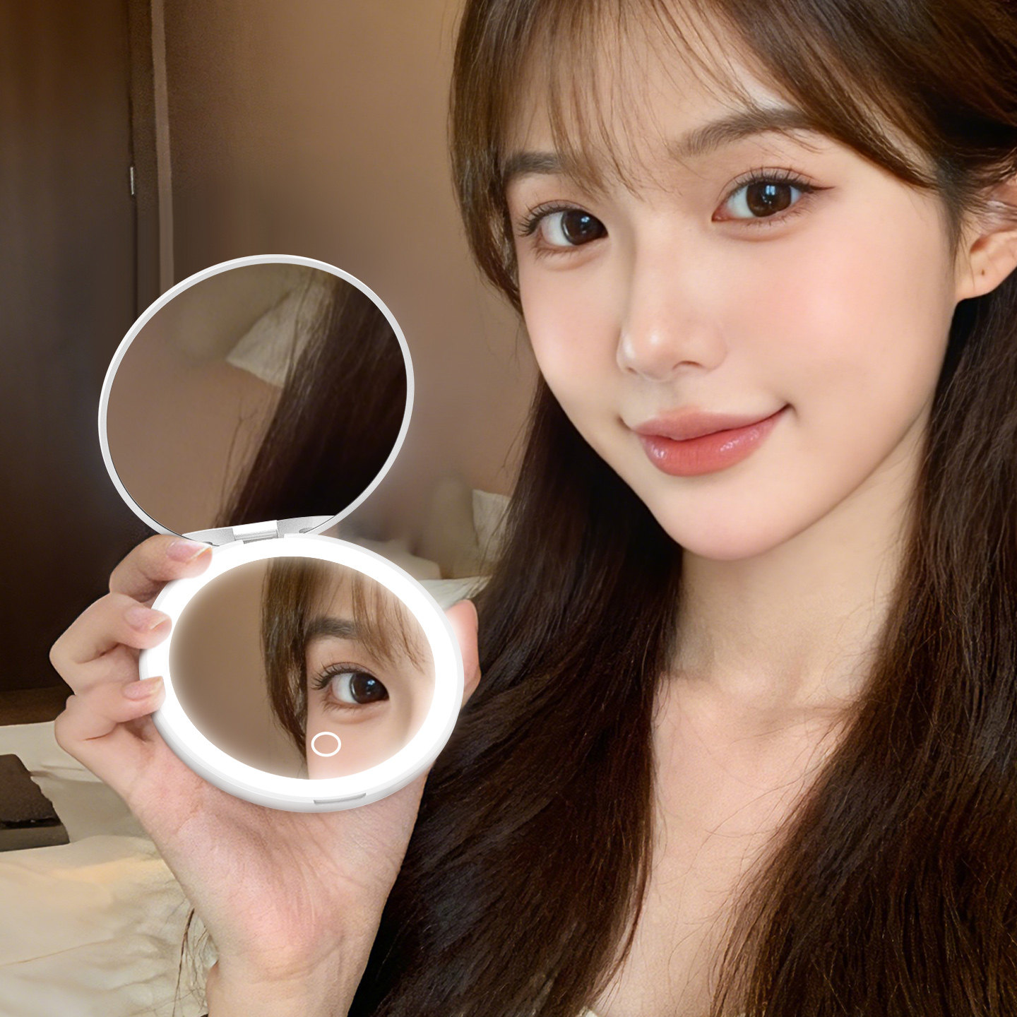 LANSMIRO随身化妆便携镜子小带灯轻便旅行折叠led生日情人节礼物