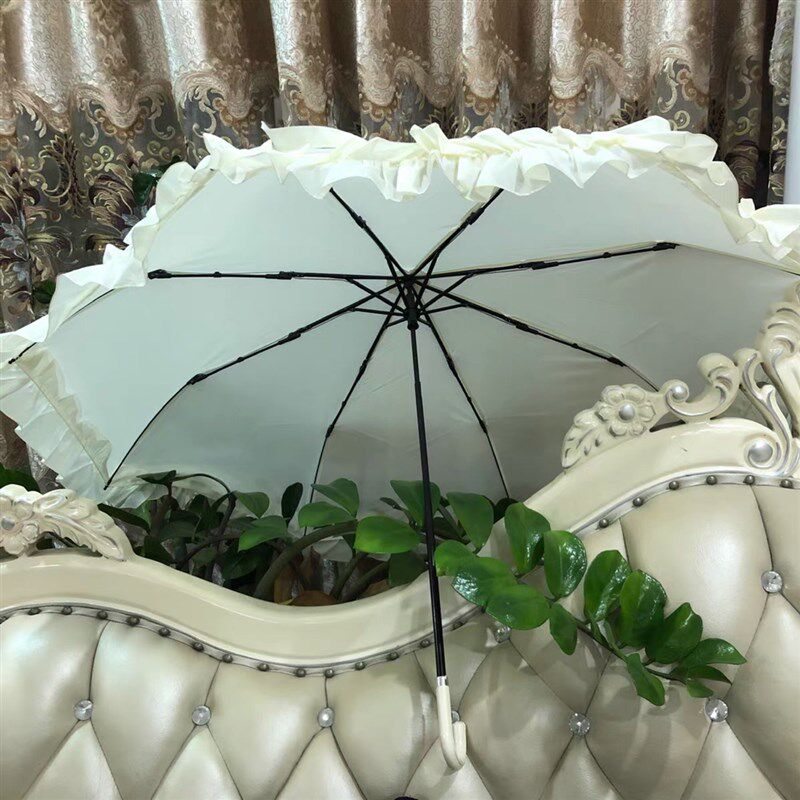 新款少女系小新荷叶边折叠米白公伞晴雨两用弯钩Lolit裙伞