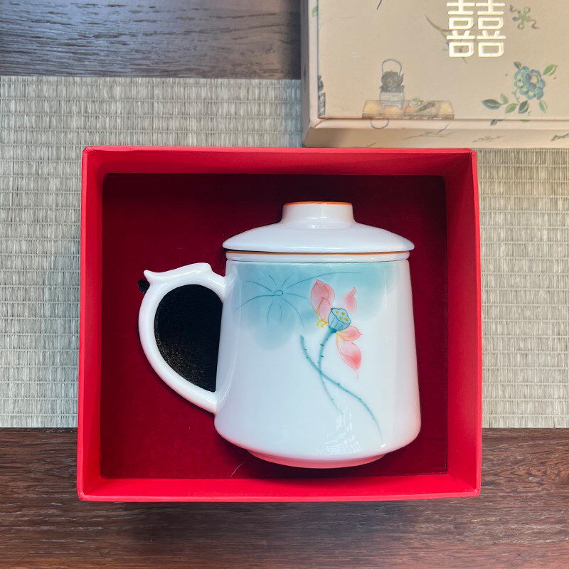 手绘荷办公杯釉下彩带盖过马杯茶水分离茶杯