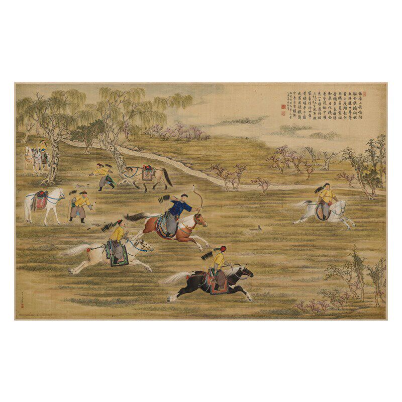 郎世宁 乾隆皇帝射猎图客厅横幅挂画装饰画仿古人物画学习临摹