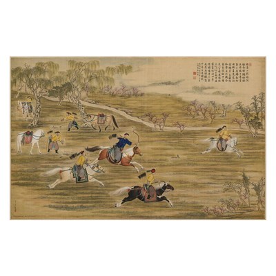 郎世宁 乾隆皇帝射猎图客厅横幅挂画装饰画仿古人物画学习临摹