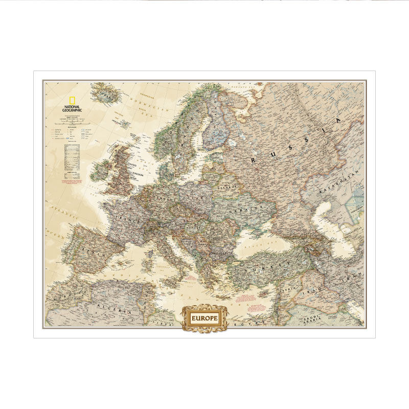 欧洲地图英文仿古蓝色定制玄关布画办公教室大型装饰画背景墙