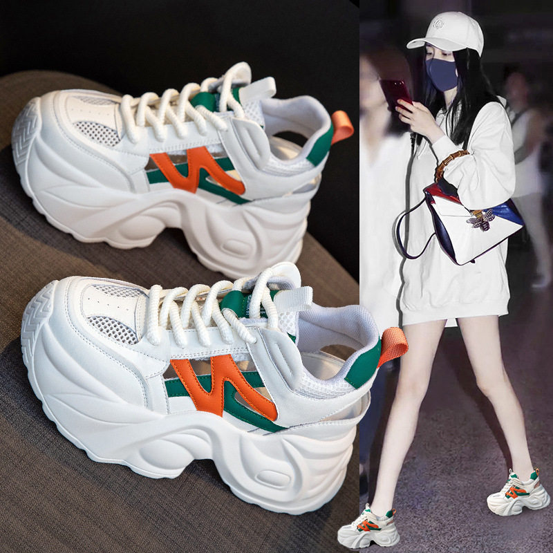 9公分内增高镂空老爹鞋女款2025新款厚底小个子休闲运动小白凉鞋