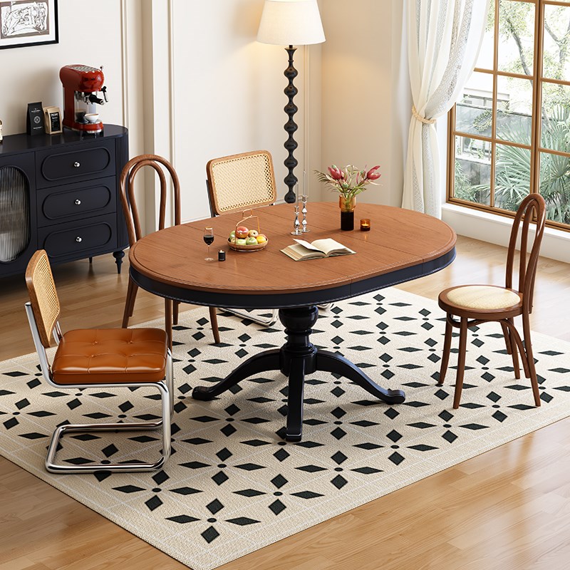 法式中古风实木折叠餐桌美式复古小户型可伸缩椭圆形靠墙可变圆桌