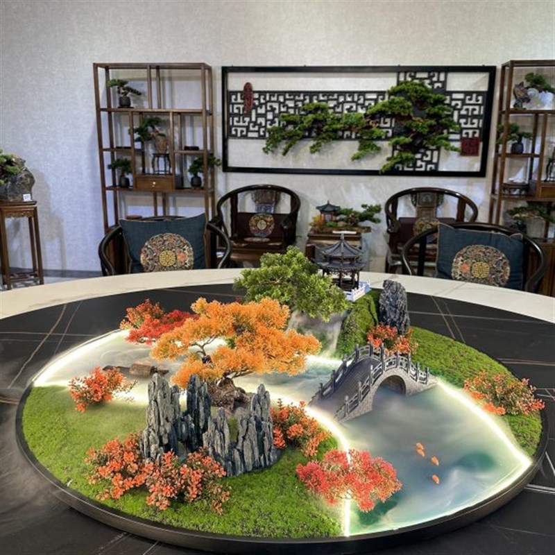 餐桌中间摆花喷雾化流水灯光遥控桌摆转盘花M摆圆桌芯装饰盆景花u