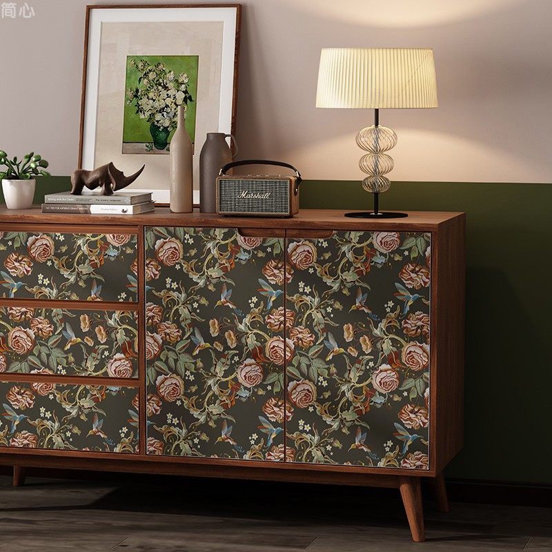 美式复古花卉家具翻新贴纸柜子改色衣柜壁纸自粘房间墙面装饰墙纸