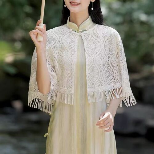 旗袍披肩外搭开衫流苏云肩防晒新中式敬酒服覆古蕾丝镂空披风斗篷