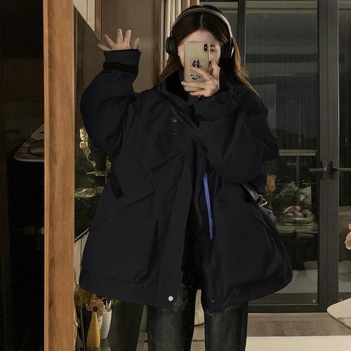 300斤大码胖mm韩版黑色工装冲锋衣女春秋夹棉加厚设计感棉衣外套